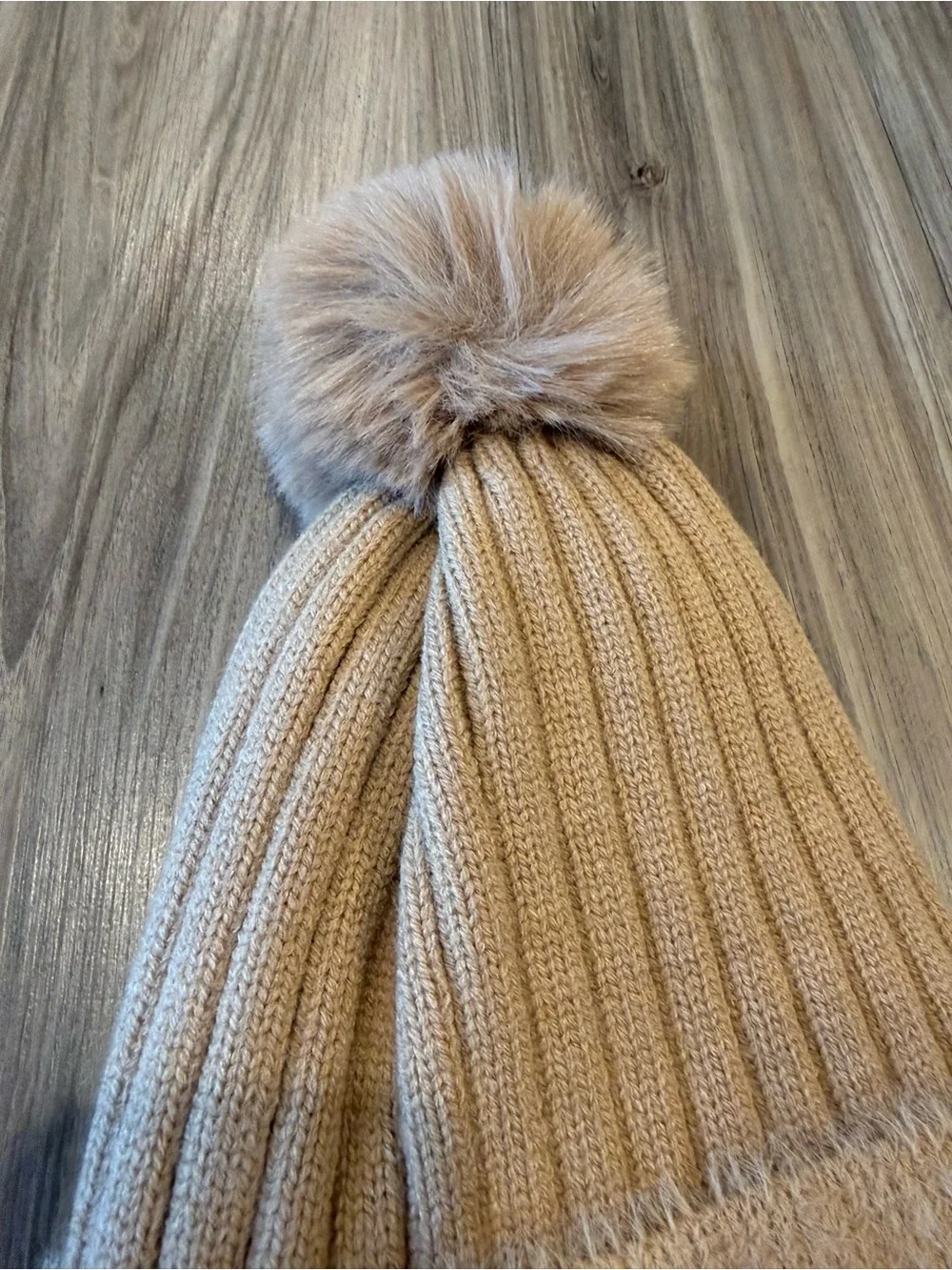 Women’s Plush Ribbed Pom Beanie Hat with Crystal Flower - Tan